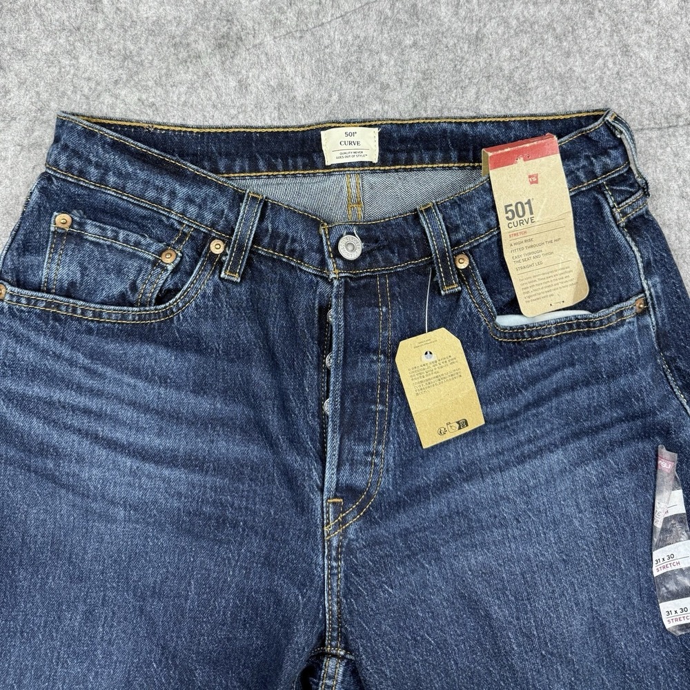 Levis 501 Curve NWT Jeans Womens 31 Dark Wash Straight High Rise Stretch Denim - Picture 2 of 13